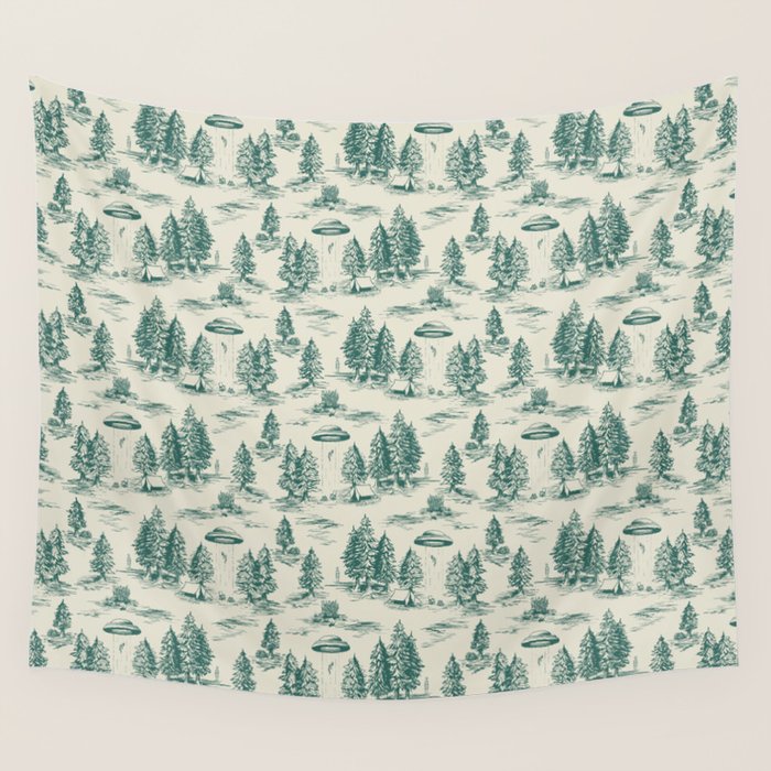 Teal Alien Abduction Toile De Jouy Pattern Wall Tapestry Gallery Image 4