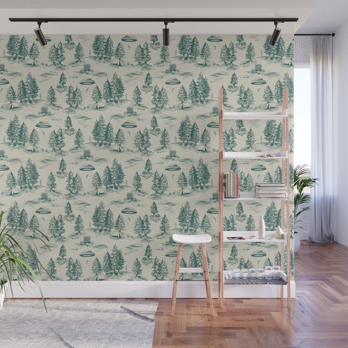 Teal Alien Abduction Toile De Jouy Pattern Wall Mural Gallery Image 1