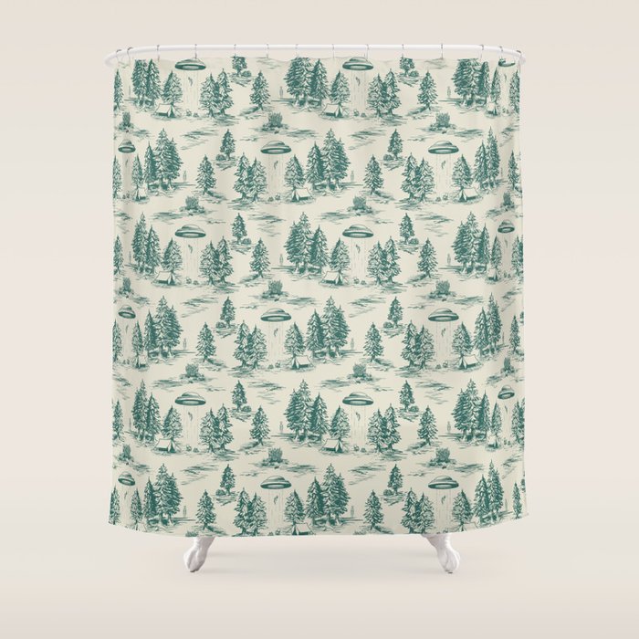 Teal Alien Abduction Toile De Jouy Pattern Shower Curtain Gallery Image 1