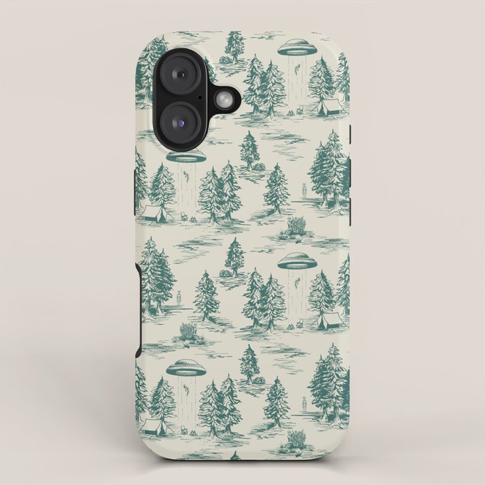 Teal Alien Abduction Toile De Jouy Pattern iPhone Case Gallery Image 1