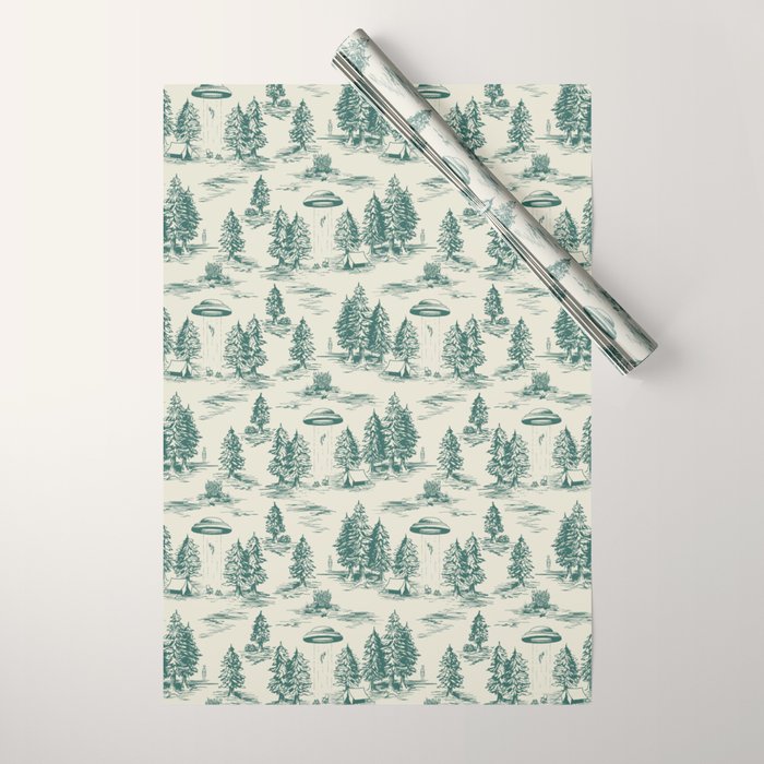 Teal Alien Abduction Toile De Jouy Pattern Wrapping Paper Gallery Image 1