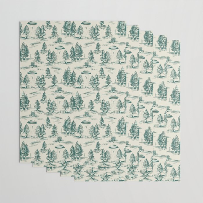Teal Alien Abduction Toile De Jouy Pattern Wrapping Paper Gallery Image 3