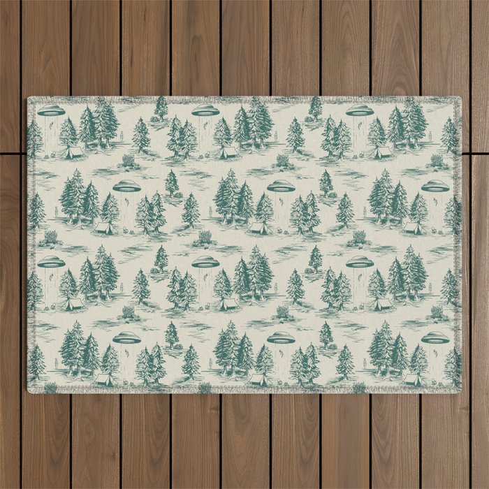 Teal Alien Abduction Toile De Jouy Pattern Outdoor Rug Gallery Image 1