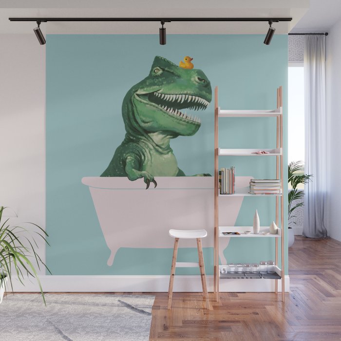 Playful T-Rex in Bathtub in Green Wall Mural Gallery Image 1