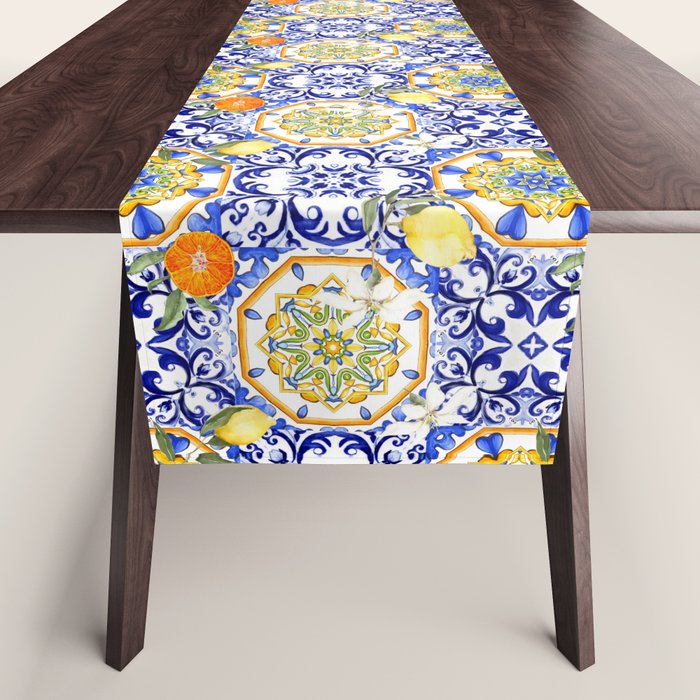 Majolica,summer,lemon,Sicilian style art Table Runner Gallery Image 1