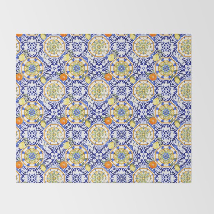 Majolica,summer,lemon,Sicilian style art Throw Blanket Gallery Image 2