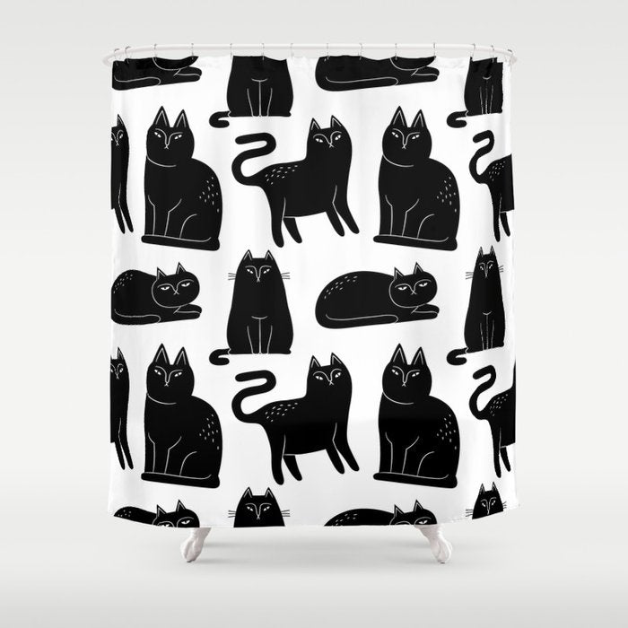 Funny black cat animal cartoon pattern Shower Curtain Gallery Image 1