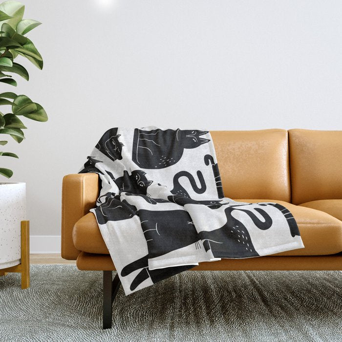Funny black cat animal cartoon pattern Throw Blanket Gallery Image 1