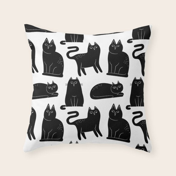 Funny black cat animal cartoon pattern Throw Pillow Gallery Image 6