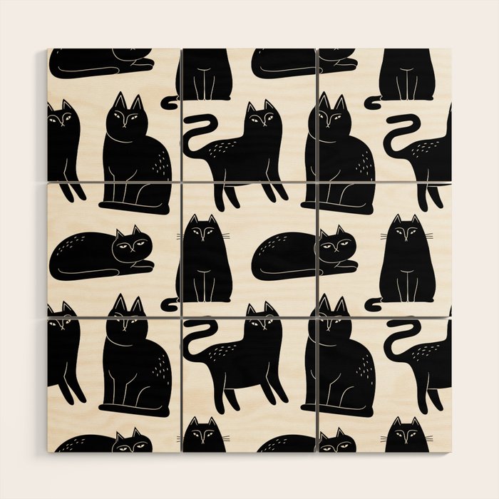 Funny black cat animal cartoon pattern Wood Wall Art Gallery Image 1
