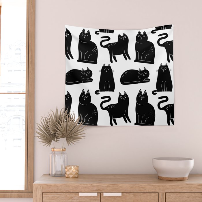 Funny black cat animal cartoon pattern Wall Tapestry Gallery Image 2