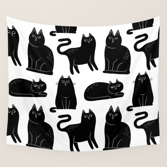 Funny black cat animal cartoon pattern Wall Tapestry Gallery Image 4