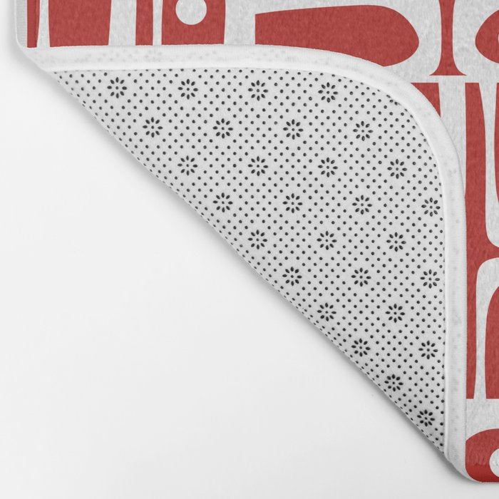 Mid Century Modern Piquet Abstract Multi Geometric Red and White Pattern Bath Mat Gallery Image 2
