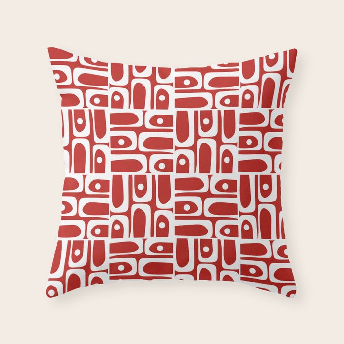 Mid Century Modern Piquet Abstract Multi Geometric Red and White Pattern Throw Pillow Gallery Image 6
