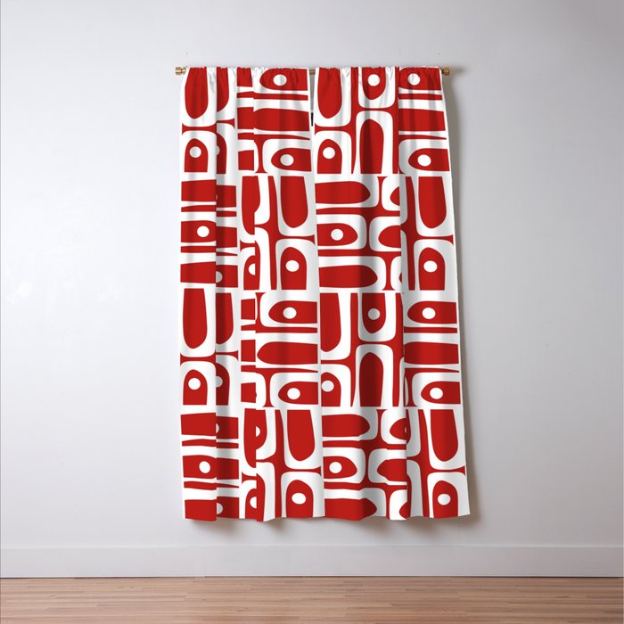 Mid Century Modern Piquet Abstract Multi Geometric Red and White Pattern Window Curtain Gallery Image 3