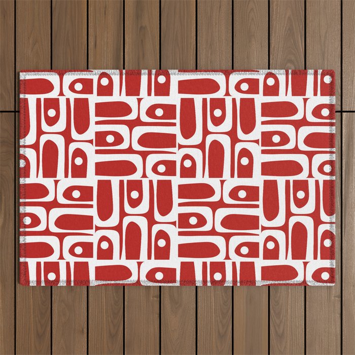 Mid Century Modern Piquet Abstract Multi Geometric Red and White Pattern Outdoor Rug Gallery Image 1