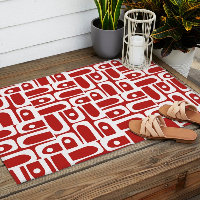 Mid Century Modern Piquet Abstract Multi Geometric Red and White Pattern Outdoor Rug Gallery Image 2