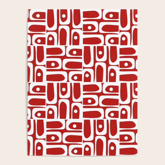Mid Century Modern Piquet Abstract Multi Geometric Red and White Pattern Poster Gallery Image 4