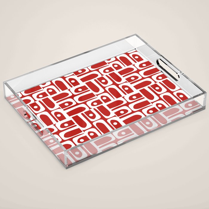 Mid Century Modern Piquet Abstract Multi Geometric Red and White Pattern Acrylic Tray Gallery Image 1