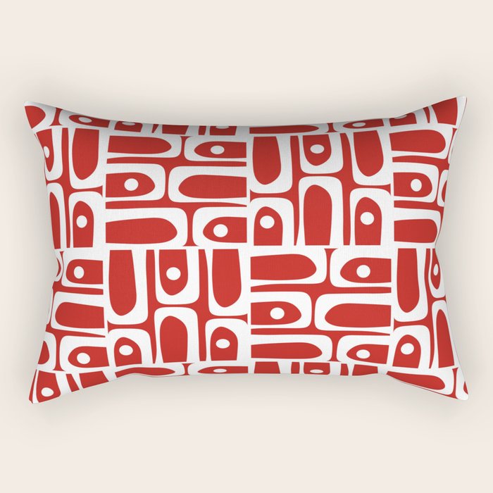 Mid Century Modern Piquet Abstract Multi Geometric Red and White Pattern Rectangular Pillow Gallery Image 2