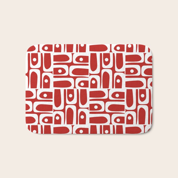 Mid Century Modern Piquet Abstract Multi Geometric Red and White Pattern Bath Mat Gallery Image 1