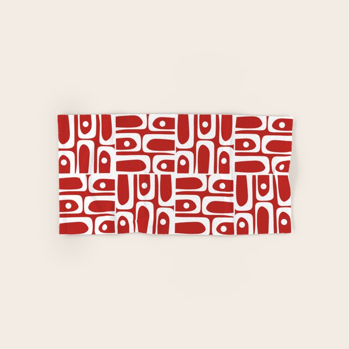 Mid Century Modern Piquet Abstract Multi Geometric Red and White Pattern Bath Towel Gallery Image 1