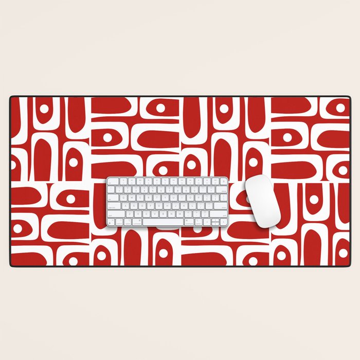 Mid Century Modern Piquet Abstract Multi Geometric Red and White Pattern Desk Mat Gallery Image 1