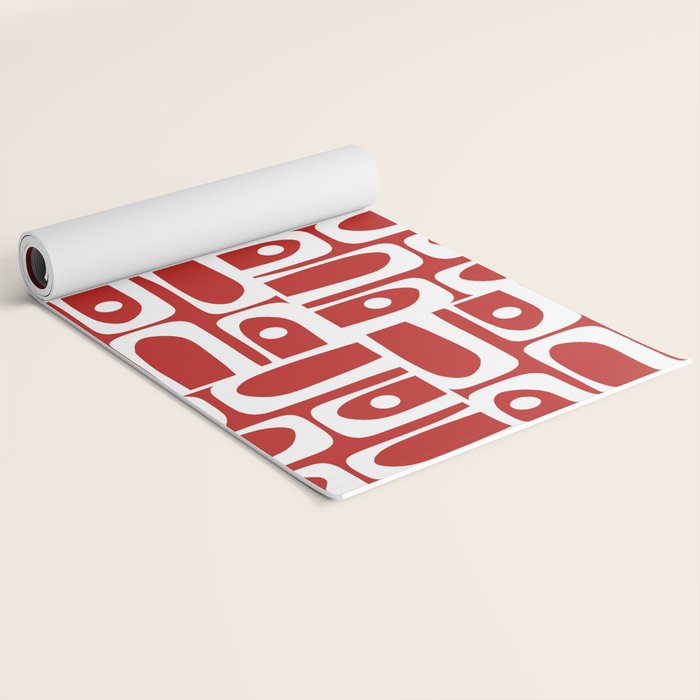 Mid Century Modern Piquet Abstract Multi Geometric Red and White Pattern Yoga Mat Gallery Image 2