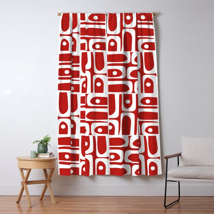 Mid Century Modern Piquet Abstract Multi Geometric Red and White Pattern Window Curtain Gallery Image 5