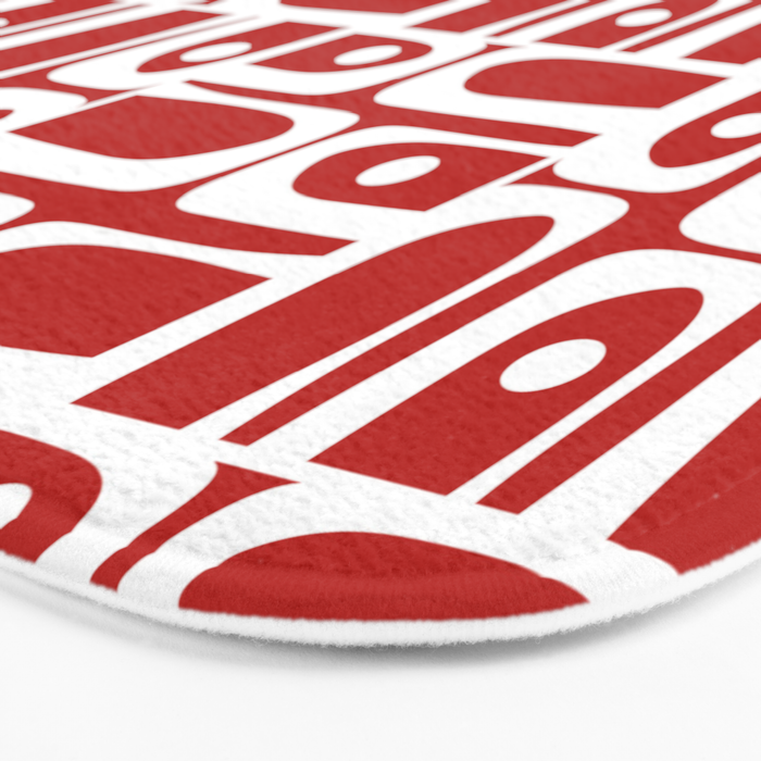 Mid Century Modern Piquet Abstract Multi Geometric Red and White Pattern Bath Mat Gallery Image 3