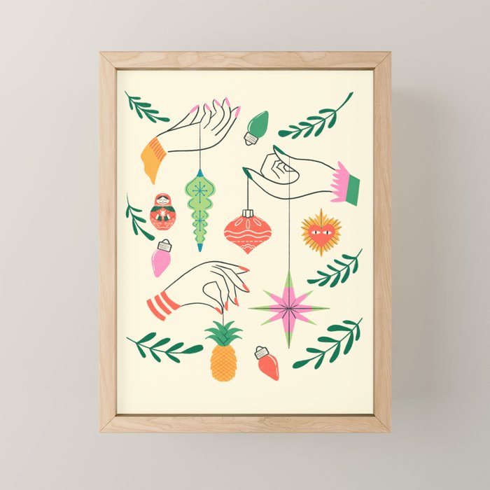 Tree Trimming Hands and Retro Ornaments Mini Art Print Gallery Image 1