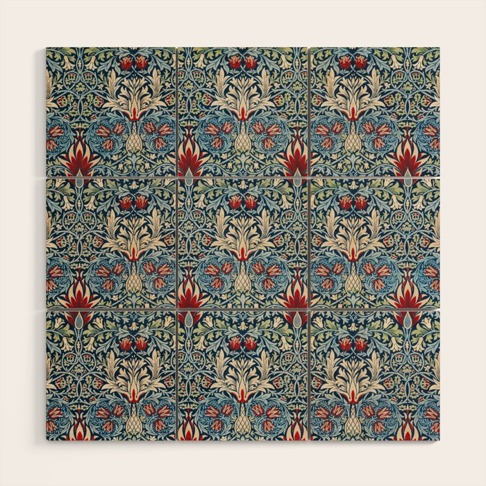William Morris Vintage Snakeshead Blue & Red Pattern Wood Wall Art Gallery Image 1