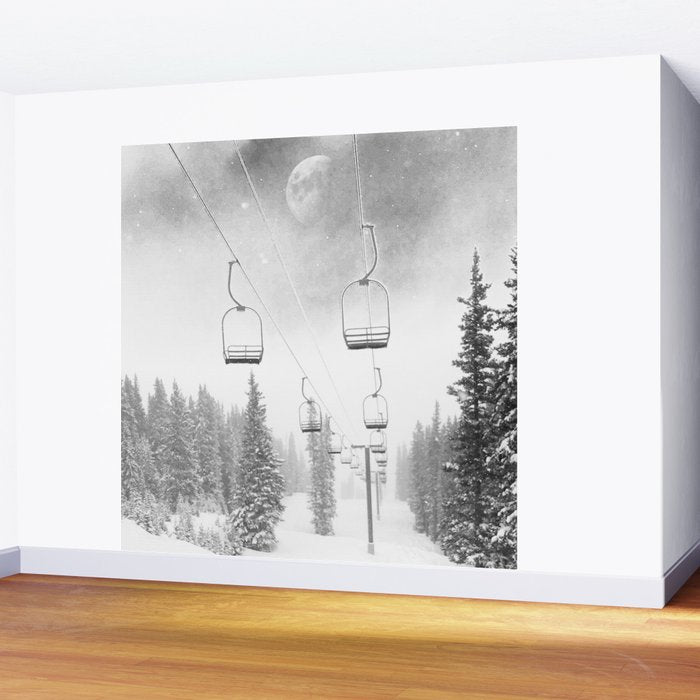 Ski Lift Moon Break // Riding the Mountain at Copper Colorado Luna Sky Peeking Foggy Clouds Wall Mural Gallery Image 2