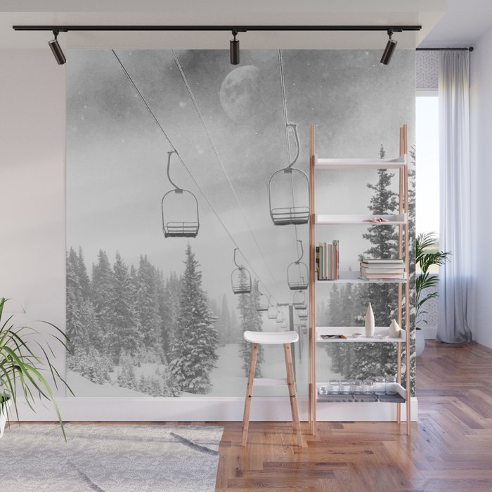 Ski Lift Moon Break // Riding the Mountain at Copper Colorado Luna Sky Peeking Foggy Clouds Wall Mural Gallery Image 1