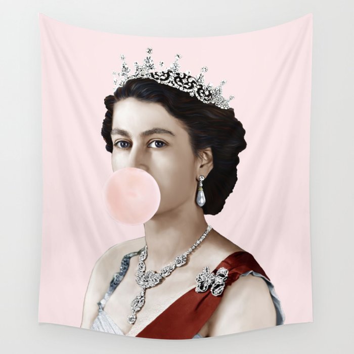 Queen Elizabeth II Blowing Pink Bubble gum Wall Tapestry Gallery Image 4