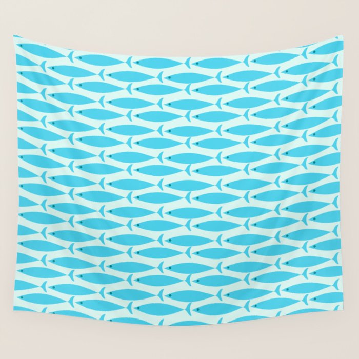 Coastal Ocean Fish Geometric Pattern in Turquoise Aqua Blue  Wall Tapestry Gallery Image 4