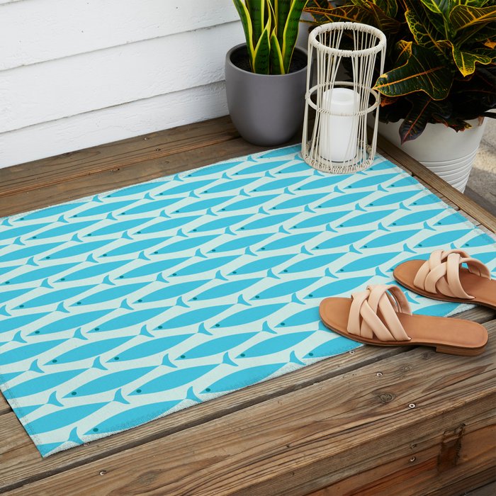 Coastal Ocean Fish Geometric Pattern in Turquoise Aqua Blue  Outdoor Rug Gallery Image 2