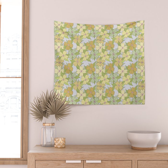 muted pastel pink yellow green flowering dogwood symbolize rebirth and hope Wall Tapestry Gallery Image 2