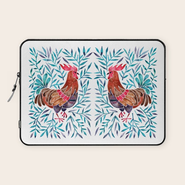 Le Coq - Watercolor Rooster with Turquoise Leaves Laptop Sleeve Gallery Image 1