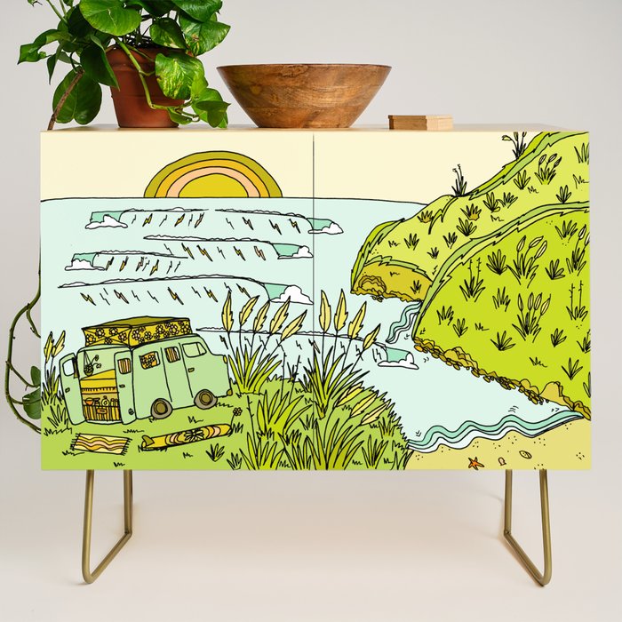 home is where you park it // wandering in new zealand // retro surf art by surfy birdy Credenza Gallery Image 1