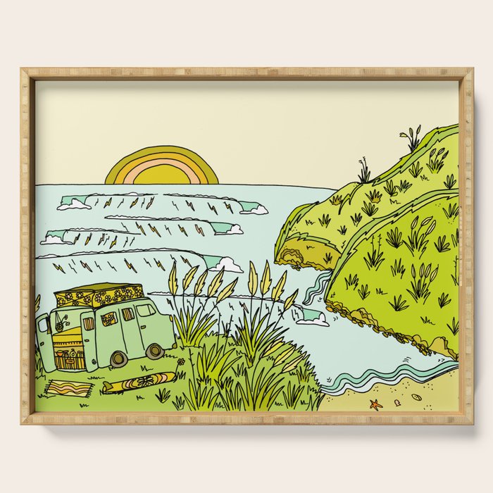 home is where you park it // wandering in new zealand // retro surf art by surfy birdy Serving Tray Gallery Image 1