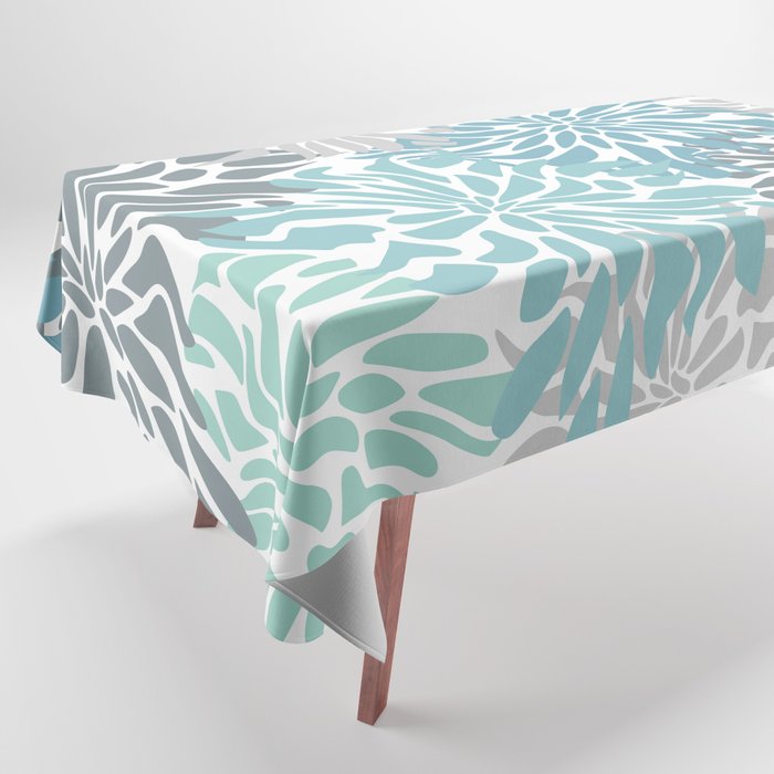 Chic, Flowers Print, Teal, Aqua, Gray Tablecloth Gallery Image 1