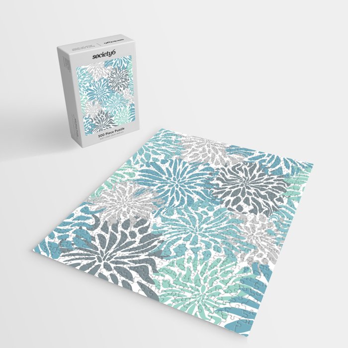 Chic, Flowers Print, Teal, Aqua, Gray Jigsaw Puzzle Gallery Image 2