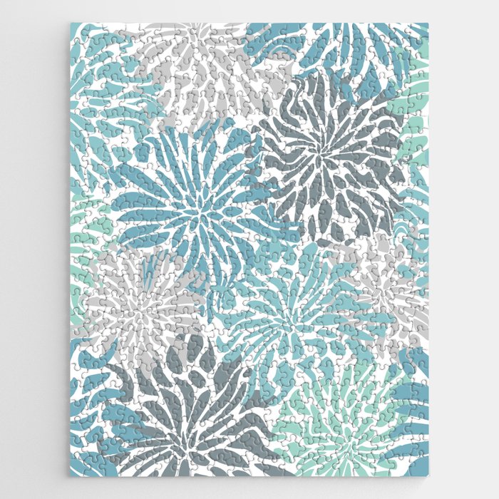 Chic, Flowers Print, Teal, Aqua, Gray Jigsaw Puzzle Gallery Image 1