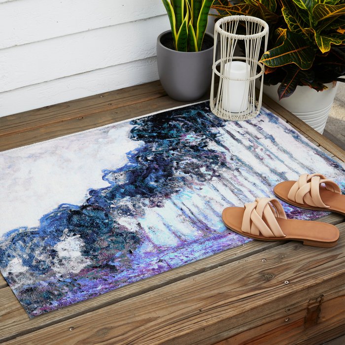 Monet : Poplars Lavender Periwinkle Deep Blue Outdoor Rug Gallery Image 2