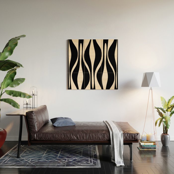 Mid Century Modern Abstract Lounge Pattern in Black and Almond Cream  Wood Wall Art Gallery Image 2