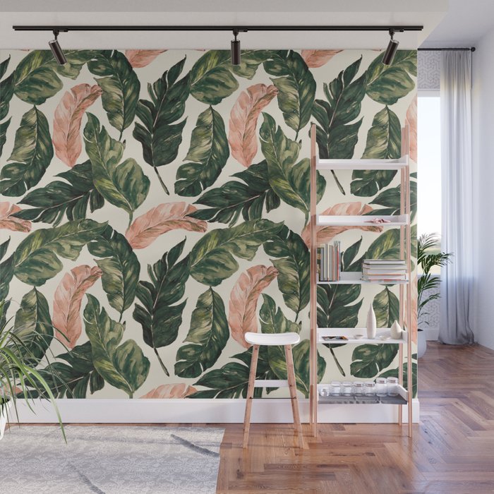 Leaf green and pink Wall Mural Gallery Image 1