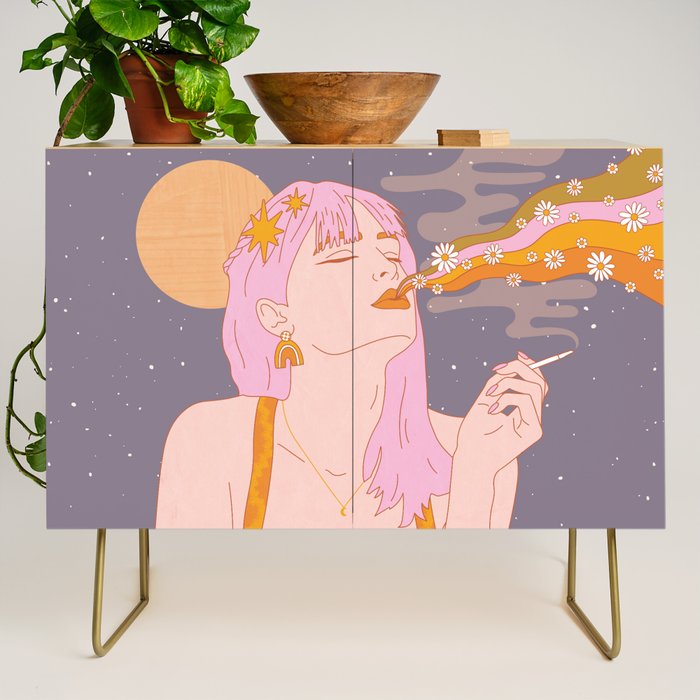 Woman Smoking Daisy Flowers Credenza Gallery Image 1