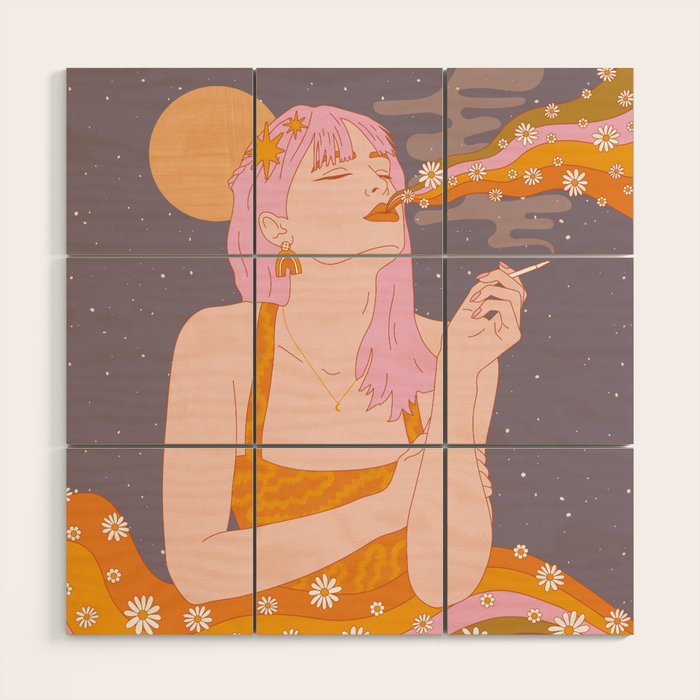 Woman Smoking Daisy Flowers Wood Wall Art Gallery Image 1