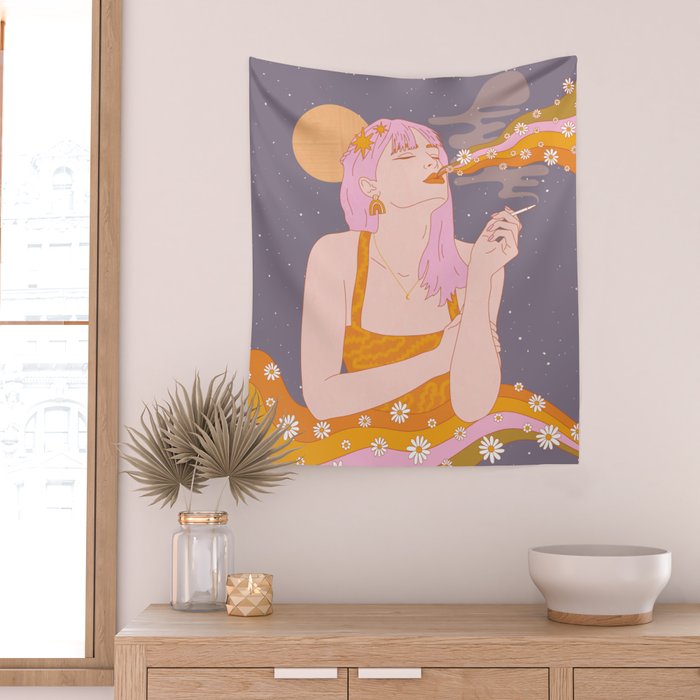 Woman Smoking Daisy Flowers Wall Tapestry Gallery Image 2